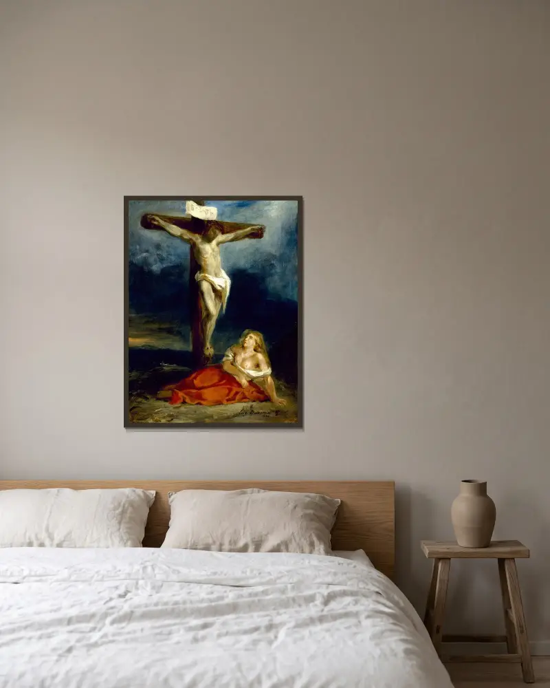 Saint Mary Magdalene At The Foot Of The Cross av Eugène Delacroix inramad på en vägg