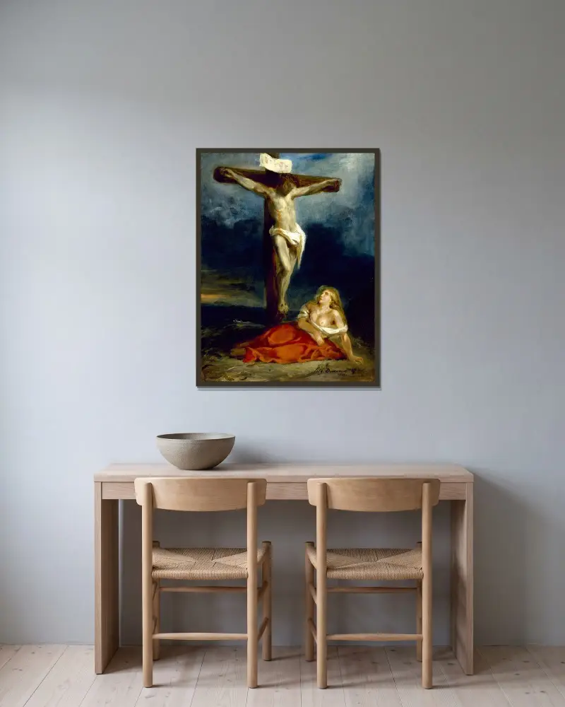 Saint Mary Magdalene At The Foot Of The Cross av Eugène Delacroix inramad på en vägg