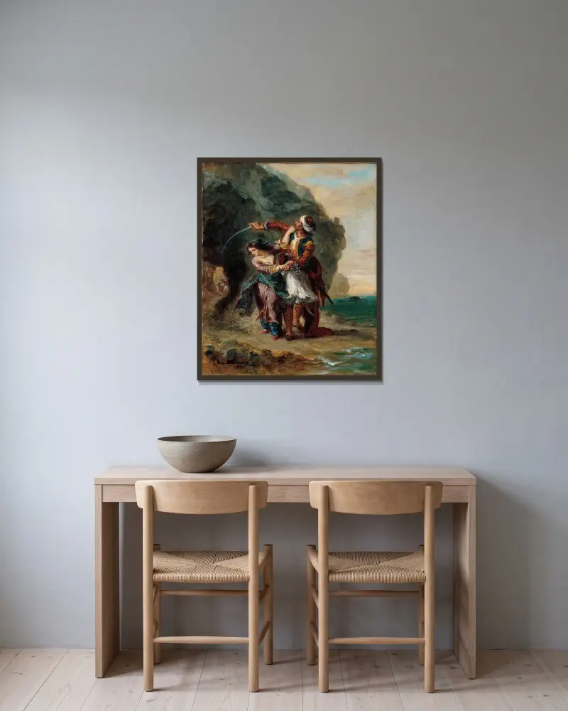 Selim and Zuleika av Eugène Delacroix inramad på en vägg