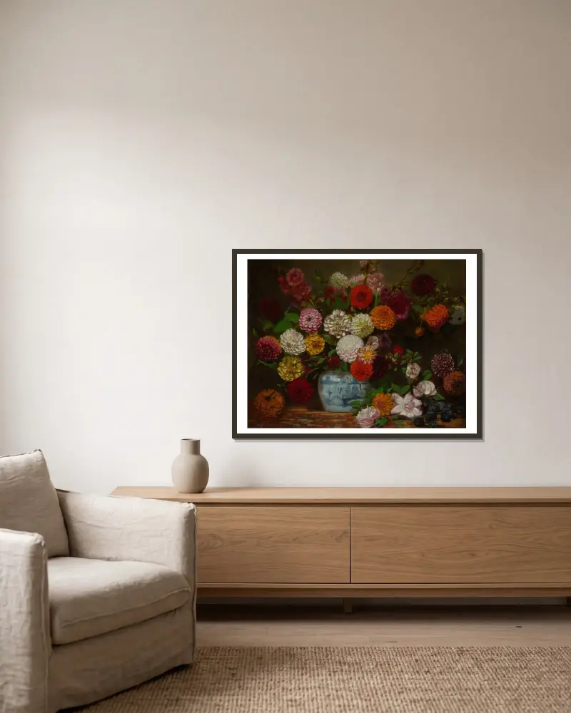 Still Life with Dahlias, Zinnias, Hollyhocks and Plums av Eugène Delacroix inramad på en vägg