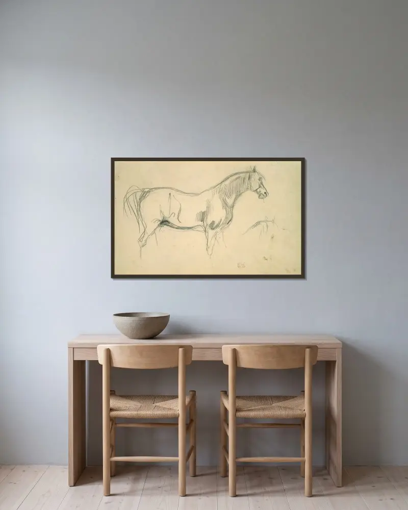 Studies of a Horse in Profile av Eugène Delacroix inramad på en vägg