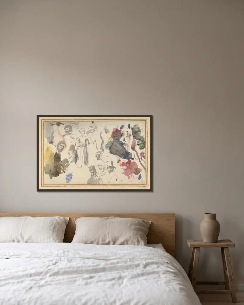 Studien männlicher Köpfe und einer stehenden männlichen Figur von Eugène Delacroix gerahmt an einer Wand