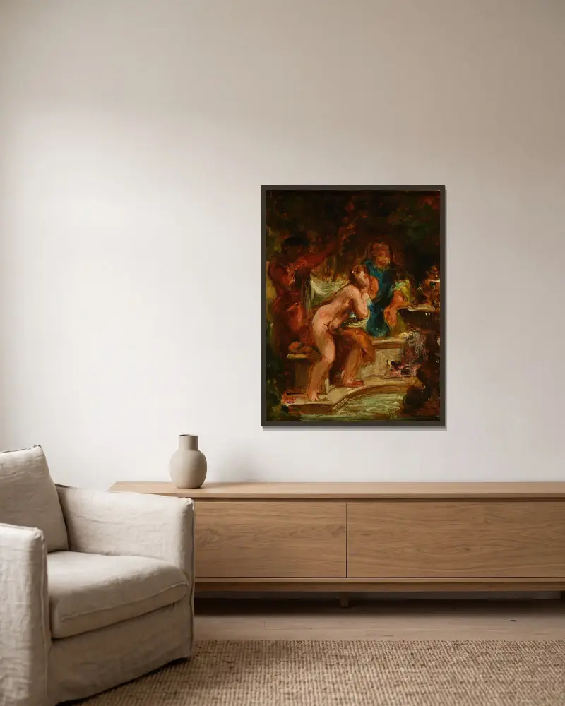 Suzanne et les vieillards av Eugène Delacroix inramad på en vägg