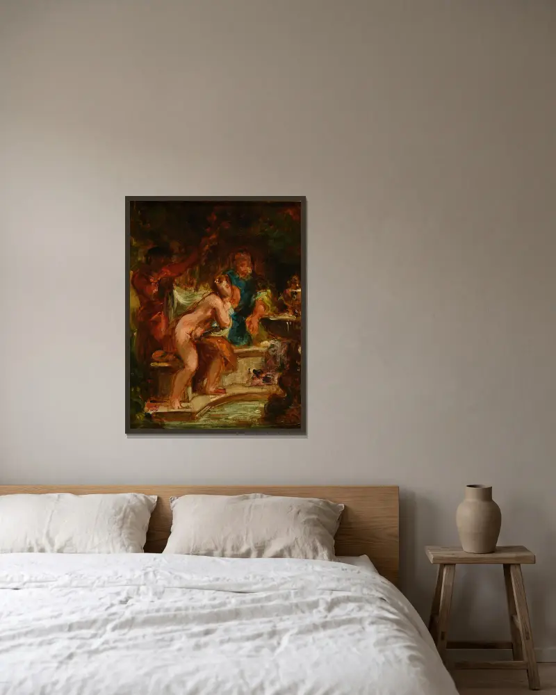 Suzanne et les vieillards av Eugène Delacroix inramad på en vägg