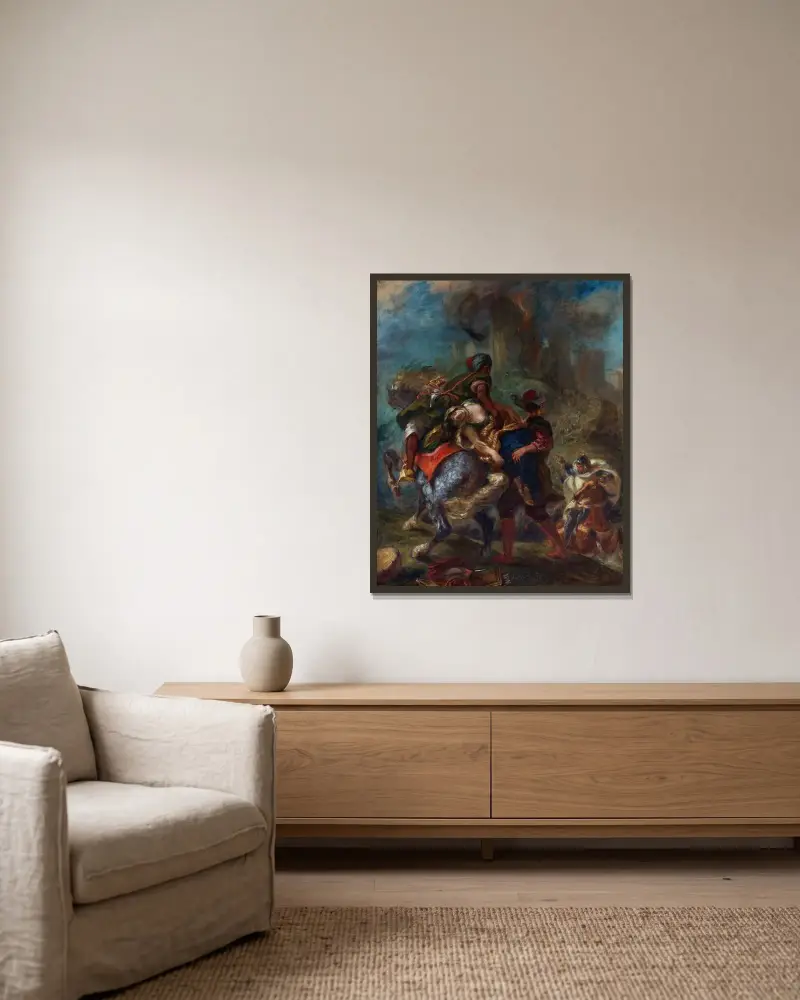 The Abduction of Rebecca av Eugène Delacroix inramad på en vägg