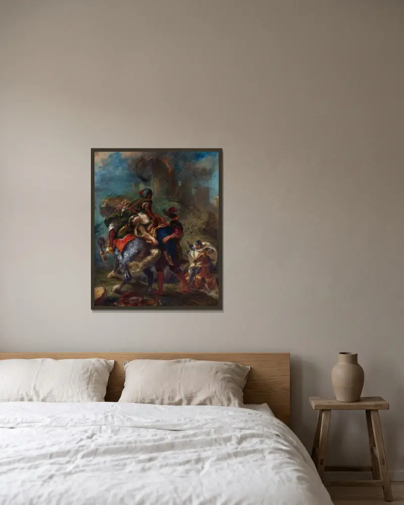 The Abduction of Rebecca av Eugène Delacroix inramad på en vägg