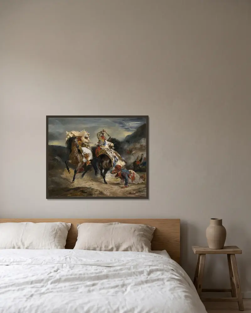 Der Kampf des Giauren mit Hassan von Eugène Delacroix gerahmt an einer Wand