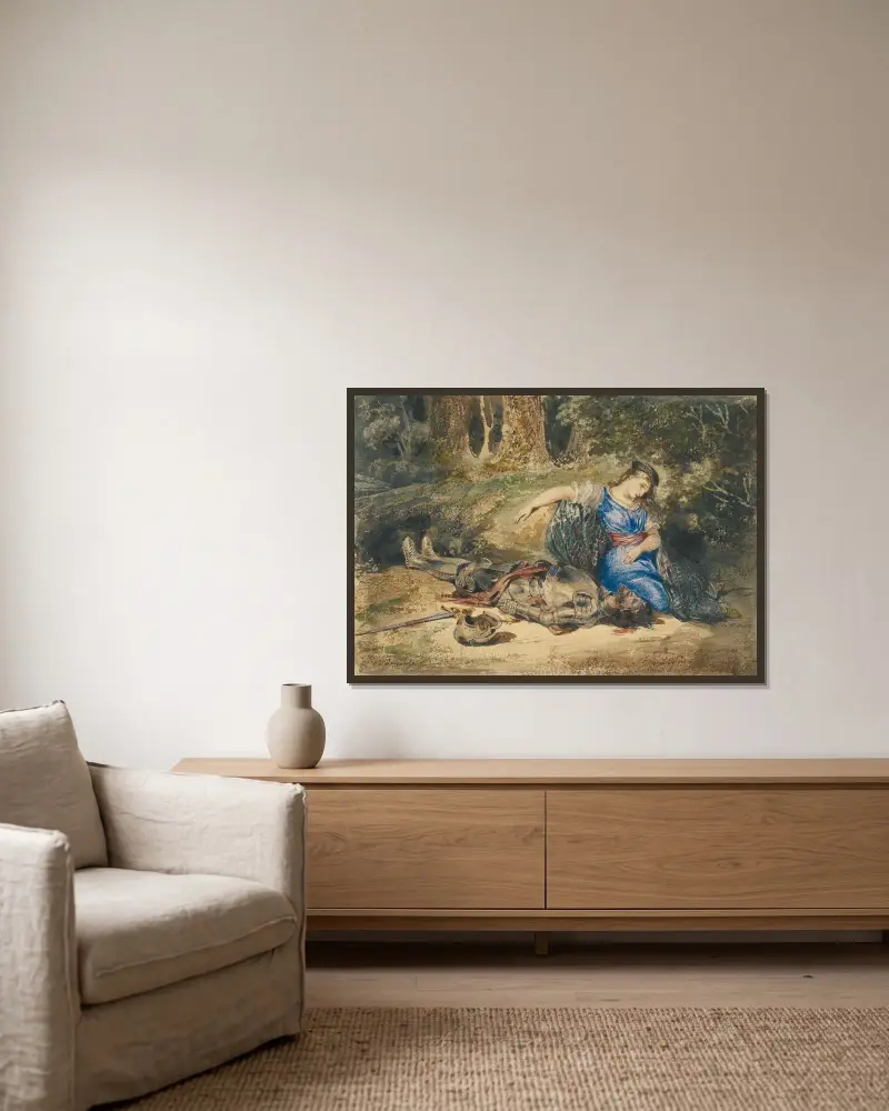The Death of Lara av Eugène Delacroix inramad på en vägg