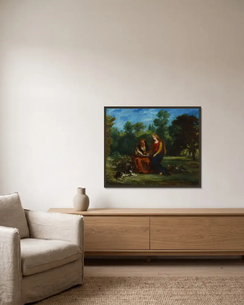 Jungfru Marias uppfostran av Eugène Delacroix inramad på en vägg