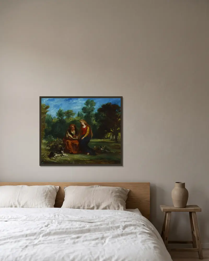 Jungfru Marias uppfostran av Eugène Delacroix inramad på en vägg