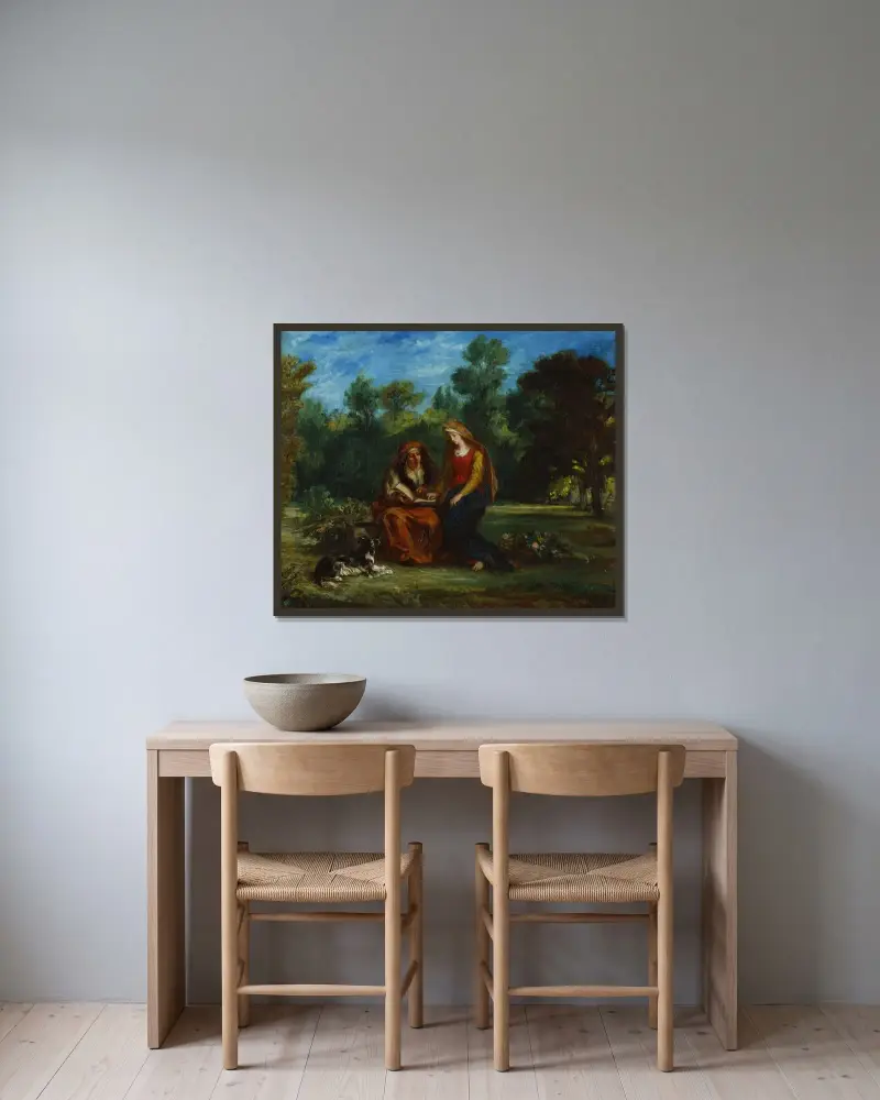 Jungfru Marias uppfostran av Eugène Delacroix inramad på en vägg