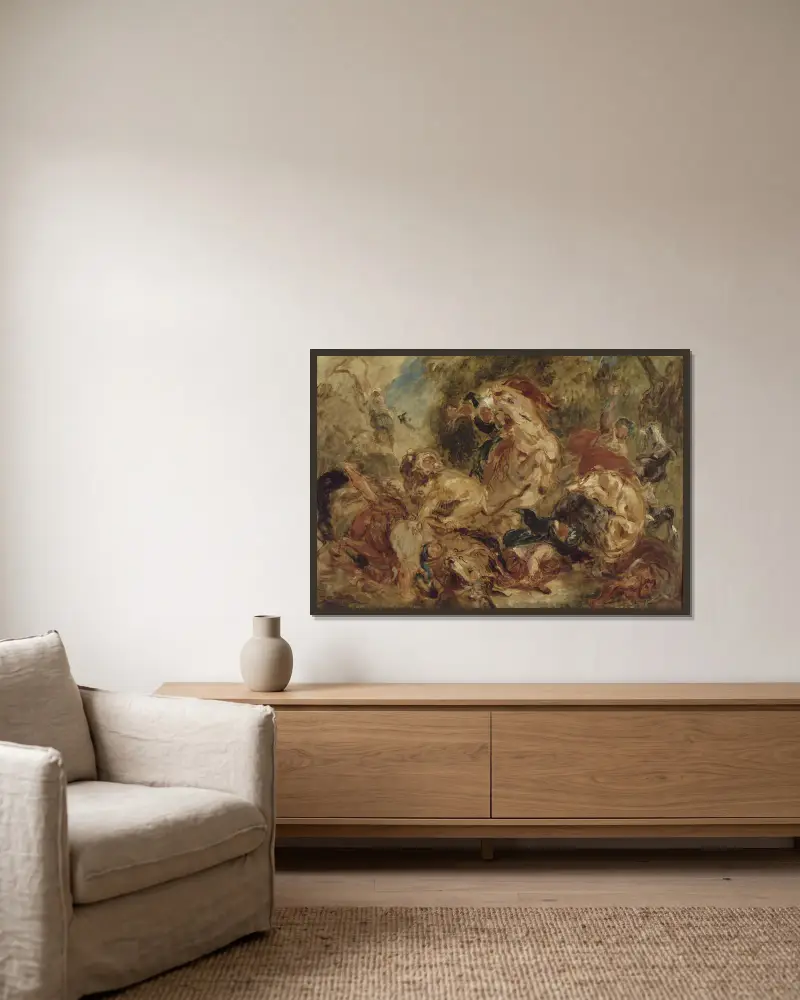 Die Löwenjagd, 1854 von Eugène Delacroix gerahmt an einer Wand