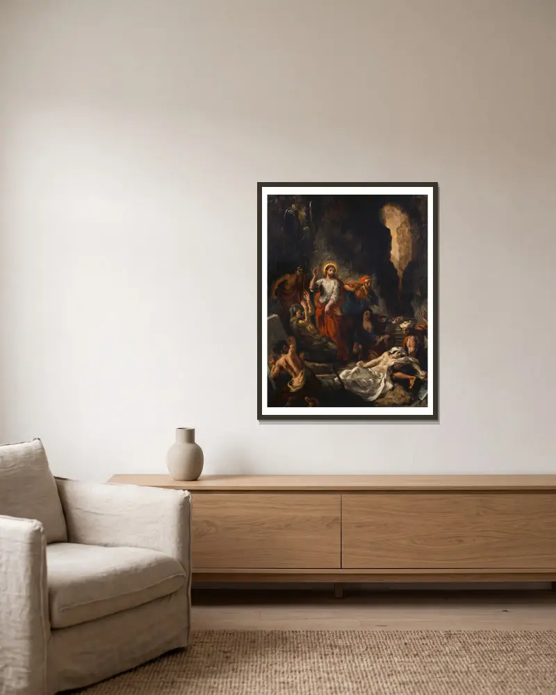 The Raising Of Lazarus av Eugène Delacroix inramad på en vägg