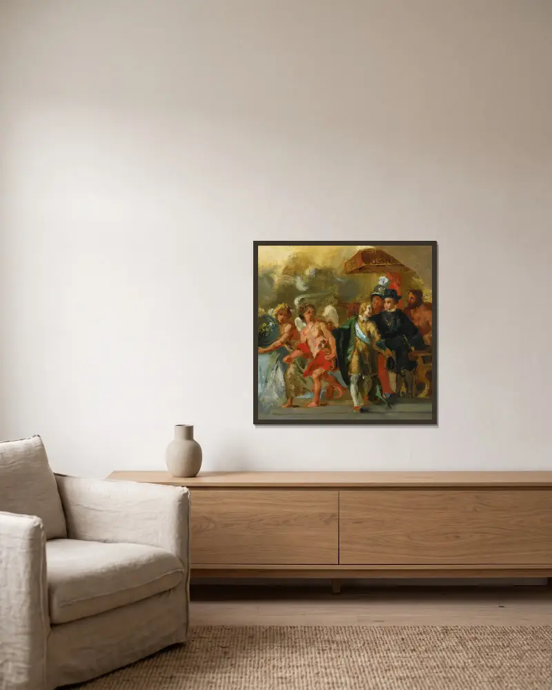 Ärkehertiginnan Isabellas scen (efter Rubens) av Eugène Delacroix inramad på en vägg