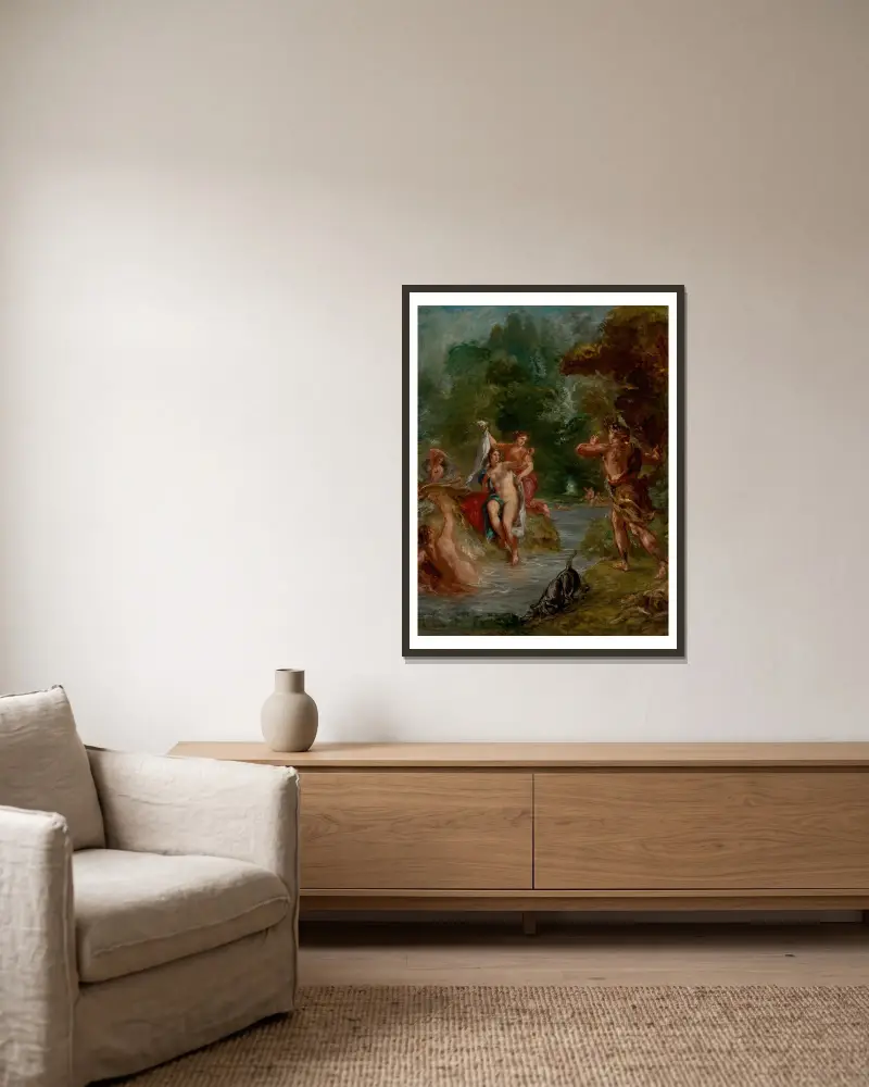 The Summer – Diana surprised by Actaeon av Eugène Delacroix inramad på en vägg