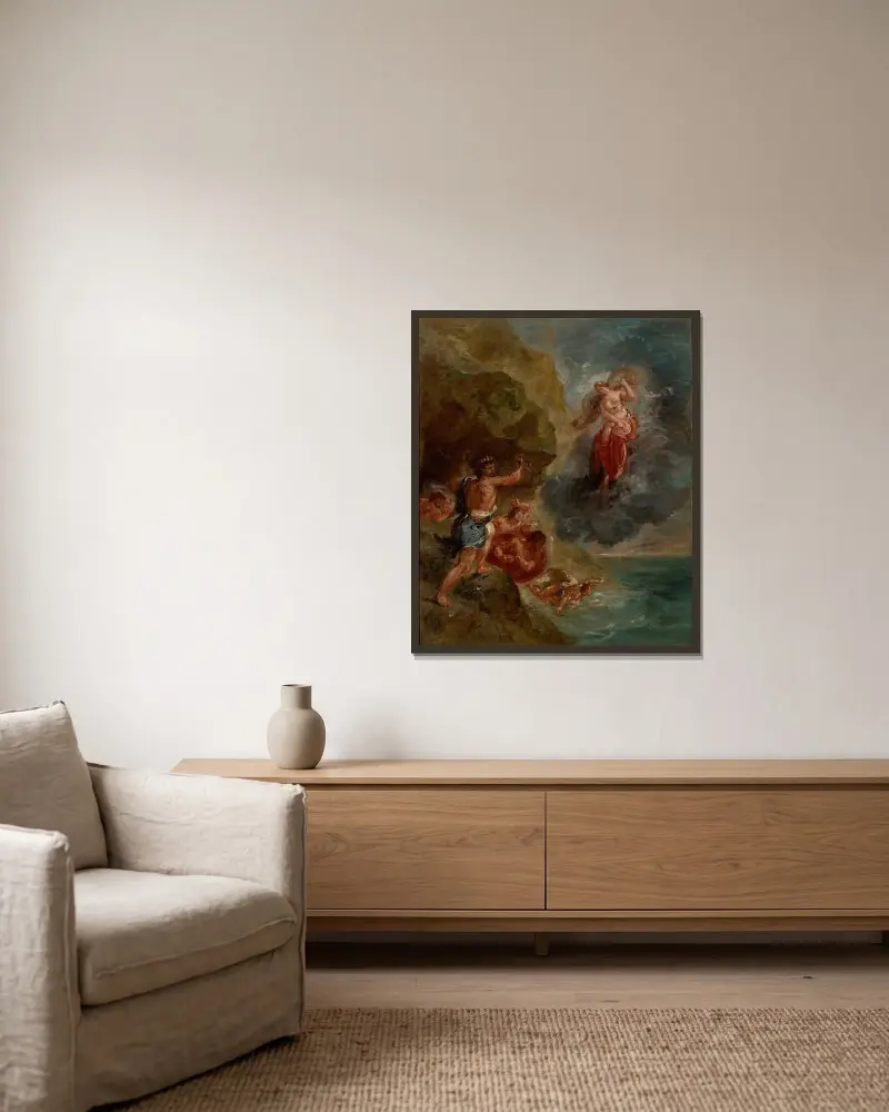 The Winter – Juno beseeches to destroy Eneas’ Fleet av Eugène Delacroix inramad på en vägg