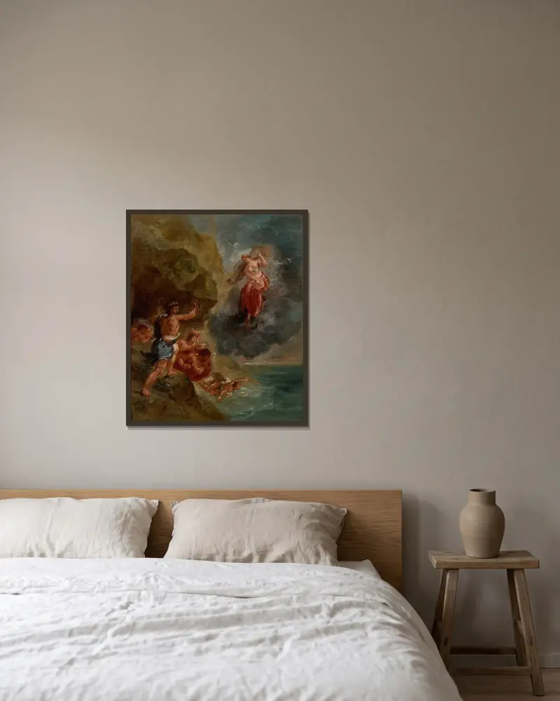 The Winter – Juno beseeches to destroy Eneas’ Fleet av Eugène Delacroix inramad på en vägg