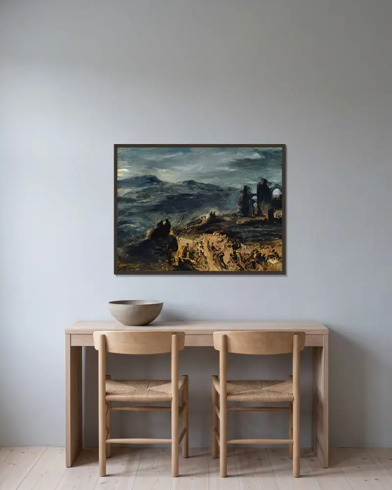 Der Hexensabbat von Eugène Delacroix gerahmt an einer Wand