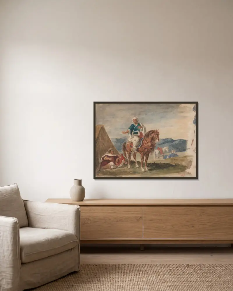Three Arab Horsemen at an Encampment av Eugène Delacroix inramad på en vägg