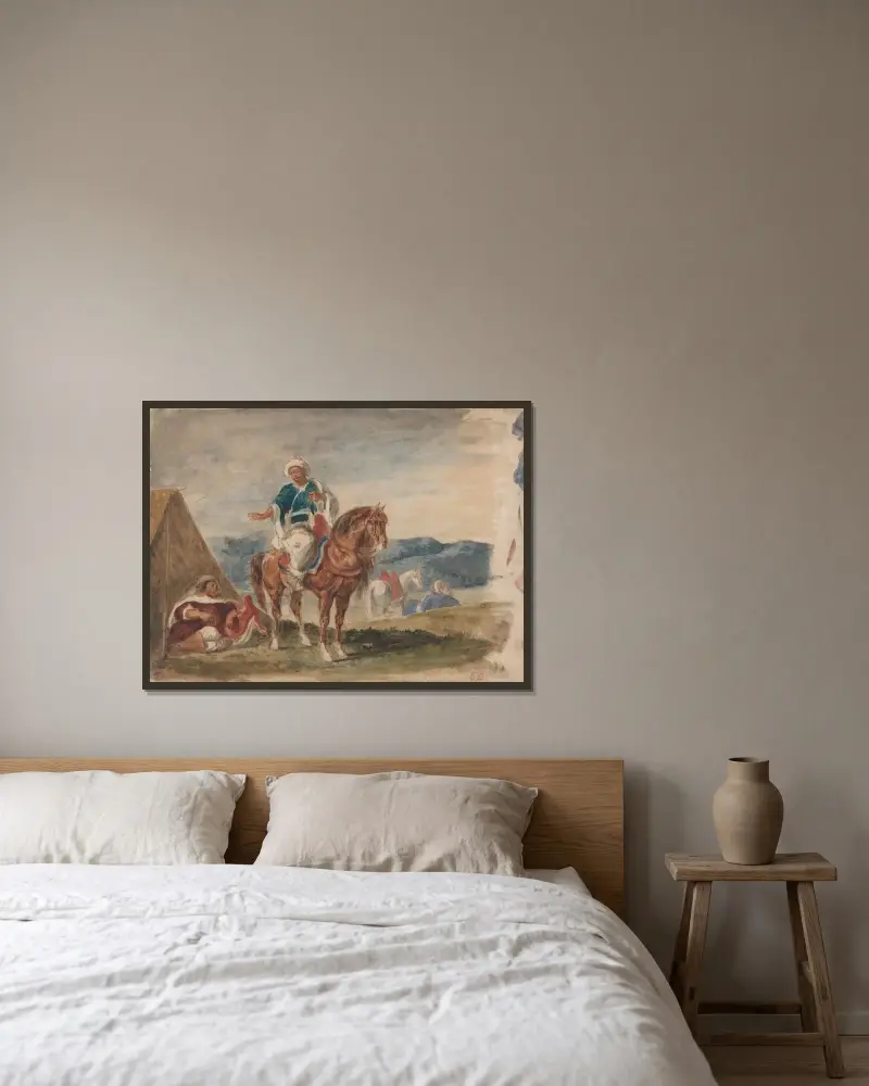 Three Arab Horsemen at an Encampment av Eugène Delacroix inramad på en vägg