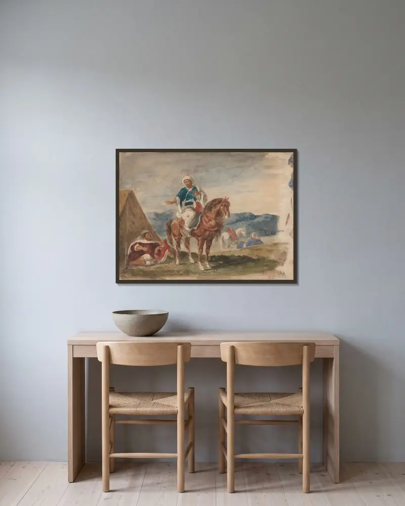 Three Arab Horsemen at an Encampment av Eugène Delacroix inramad på en vägg
