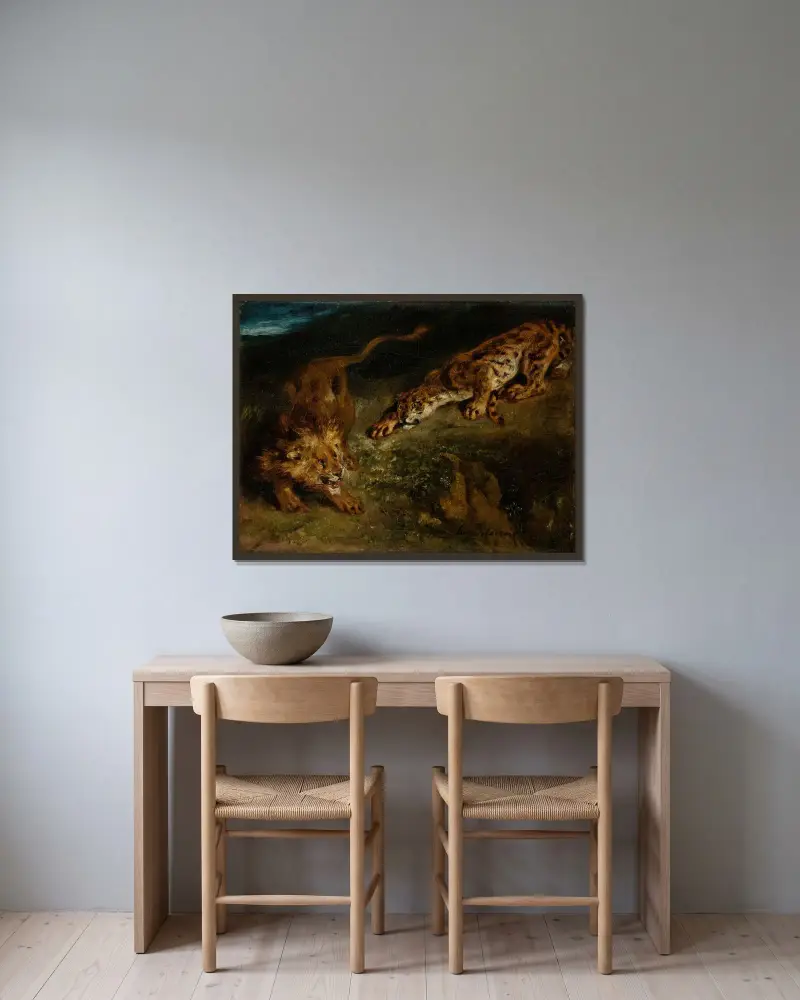 Tiger und Löwe von Eugène Delacroix gerahmt an einer Wand