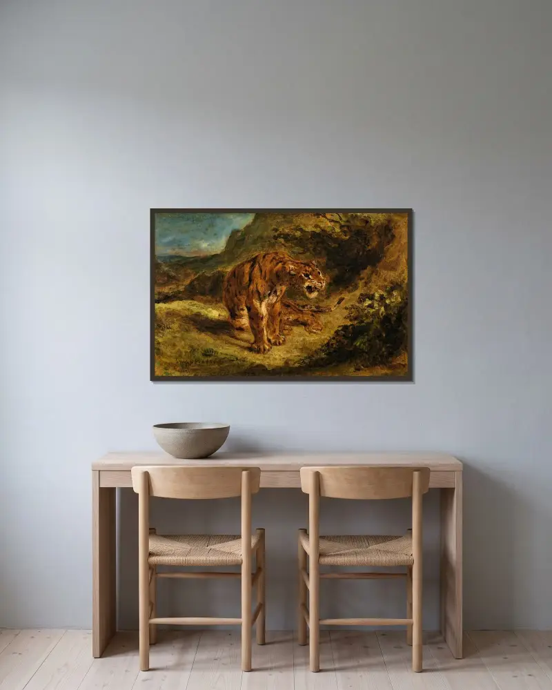 Tiger On The Look-Out av Eugène Delacroix inramad på en vägg