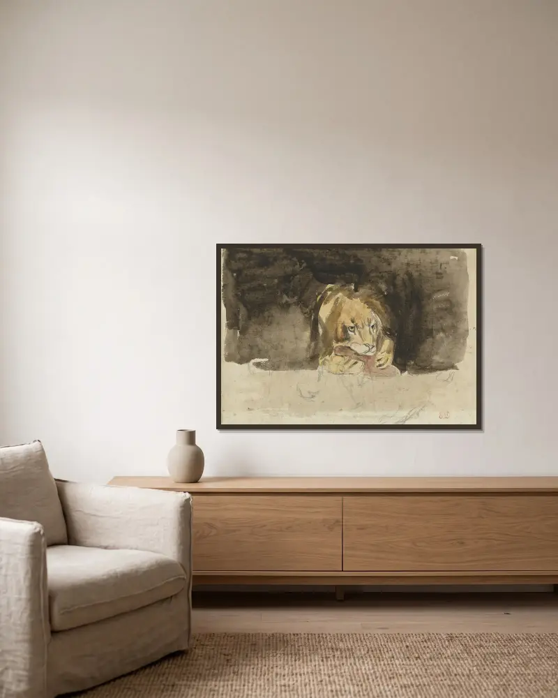 Vleesetende leeuw, van voren gezien, uitkomende tegen een donker fond av Eugène Delacroix inramad på en vägg