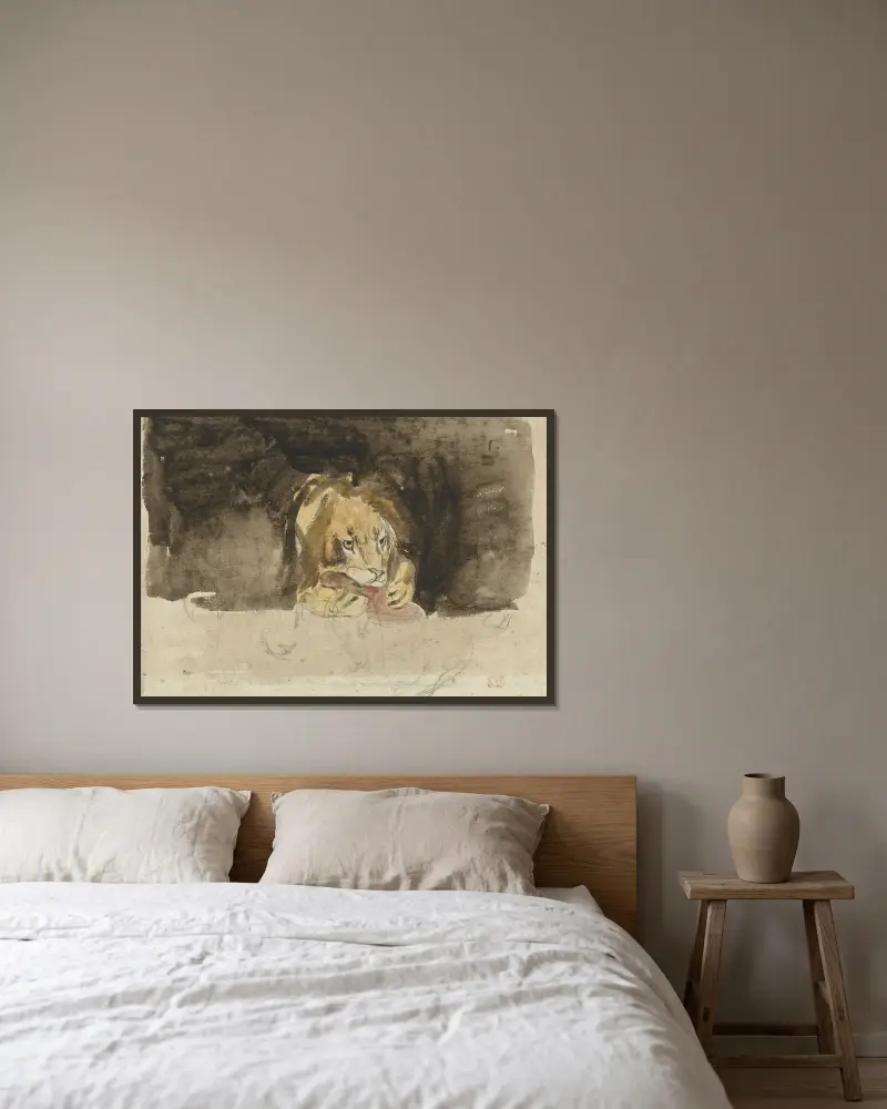 Vleesetende leeuw, van voren gezien, uitkomende tegen een donker fond av Eugène Delacroix inramad på en vägg