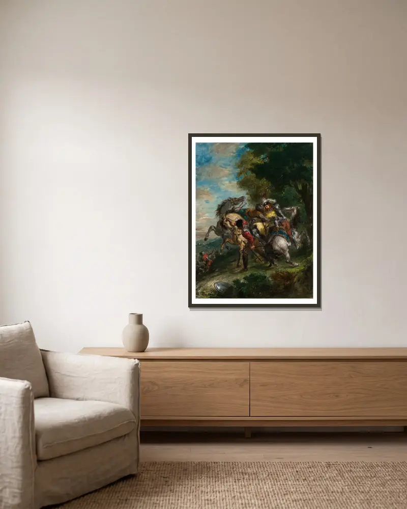 Weislingen Captured by Götz’s Men av Eugène Delacroix inramad på en vägg