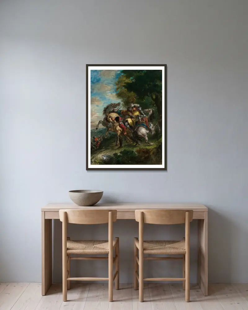 Weislingen Captured by Götz’s Men av Eugène Delacroix inramad på en vägg