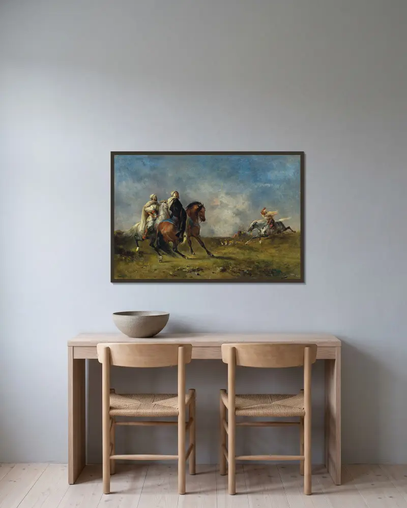 Die Gazellenjagd von Eugène Fromentin gerahmt an einer Wand