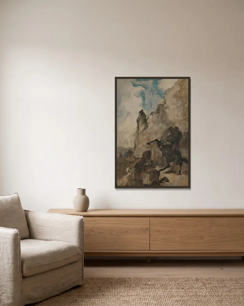 Löwenjagd von Eugène Fromentin gerahmt an einer Wand