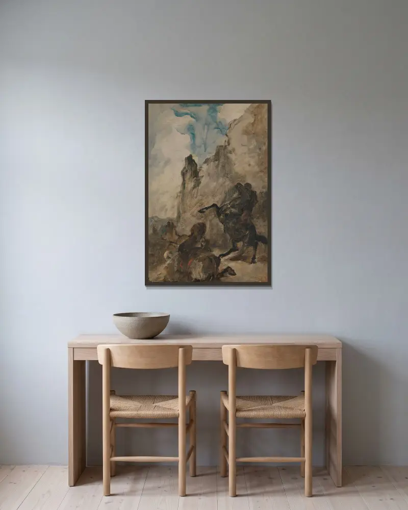 Löwenjagd von Eugène Fromentin gerahmt an einer Wand
