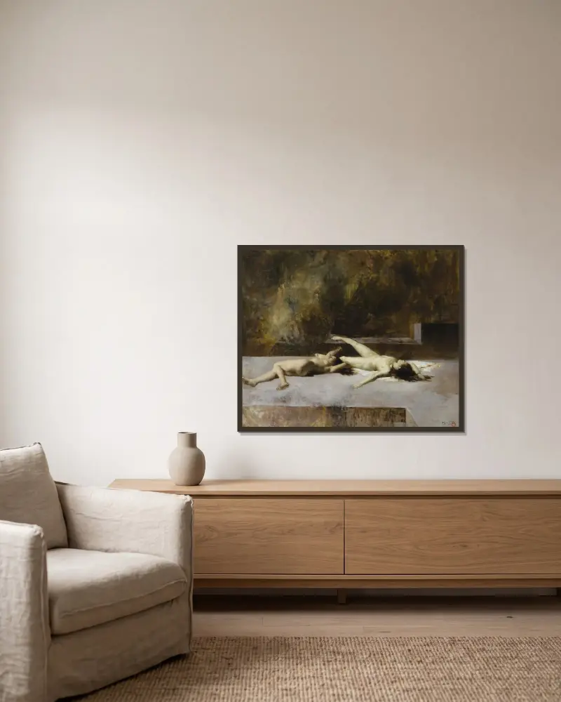 Study for L’Incendie av Eugène Fromentin inramad på en vägg