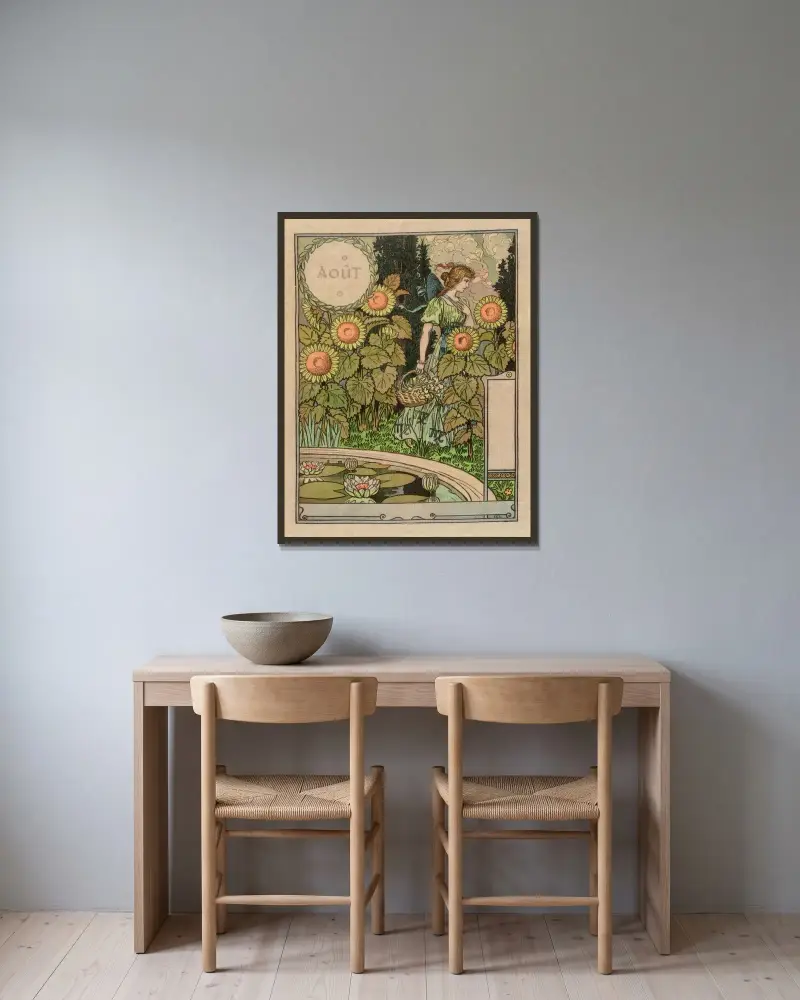 Augusti av Eugène Grasset inramad på en vägg