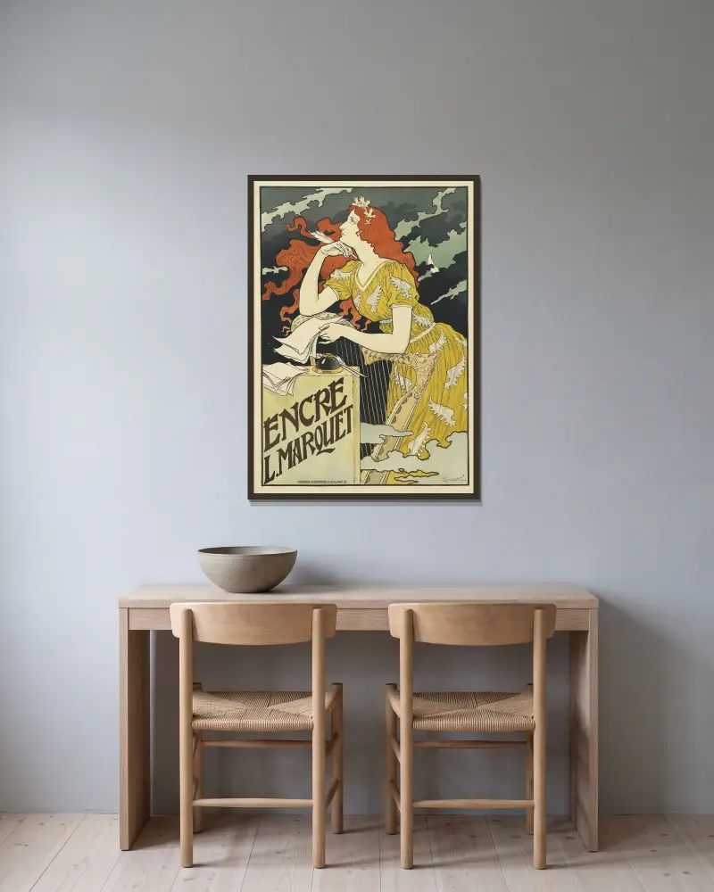 Encre L. Marquet av Eugène Grasset inramad på en vägg