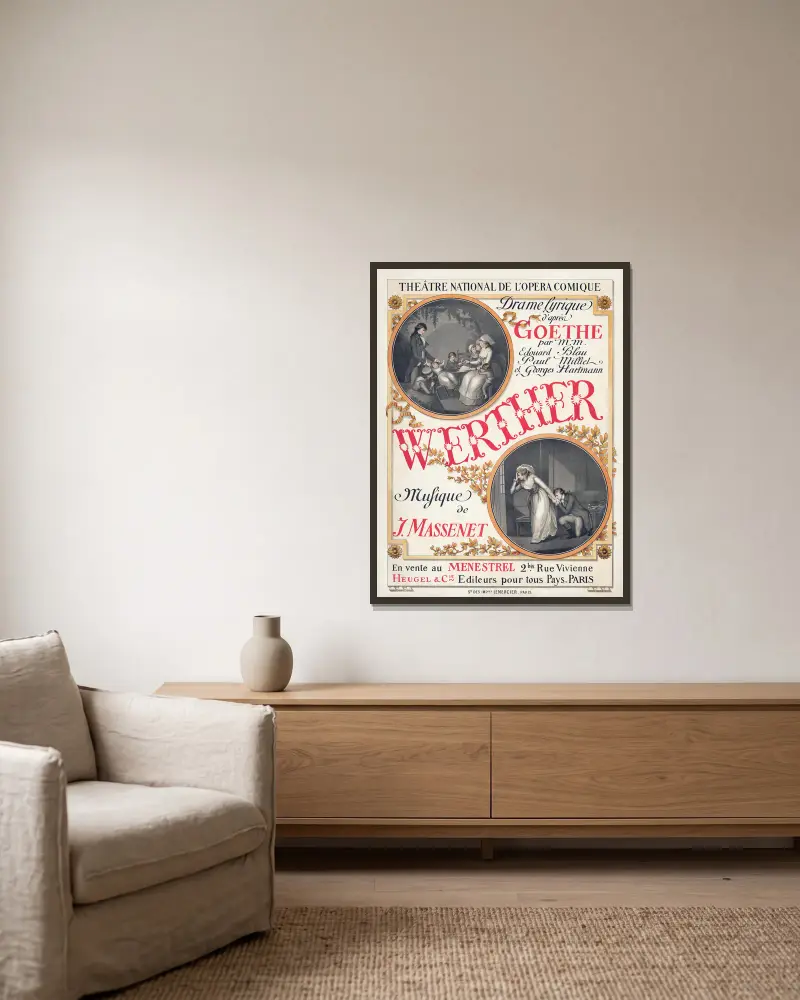 Plakat zur Uraufführung von Jules Massenets Werther von Eugène Grasset gerahmt an einer Wand