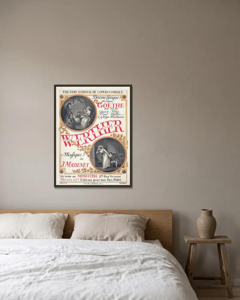 Plakat zur Uraufführung von Jules Massenets Werther von Eugène Grasset gerahmt an einer Wand