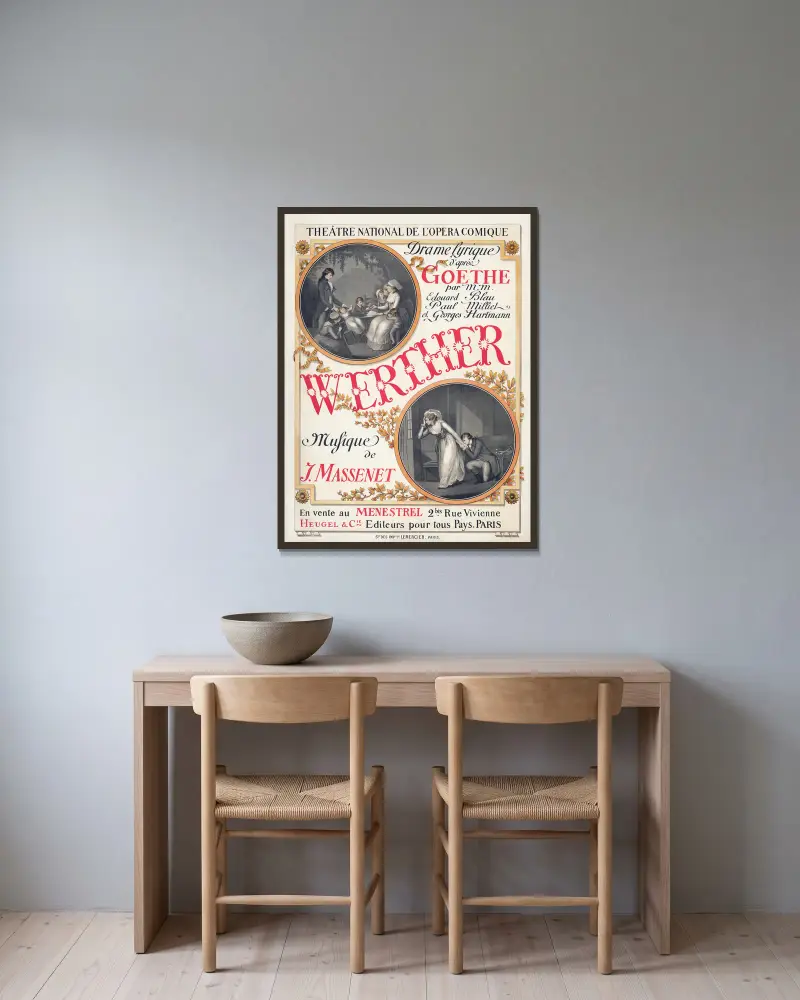 Plakat zur Uraufführung von Jules Massenets Werther von Eugène Grasset gerahmt an einer Wand