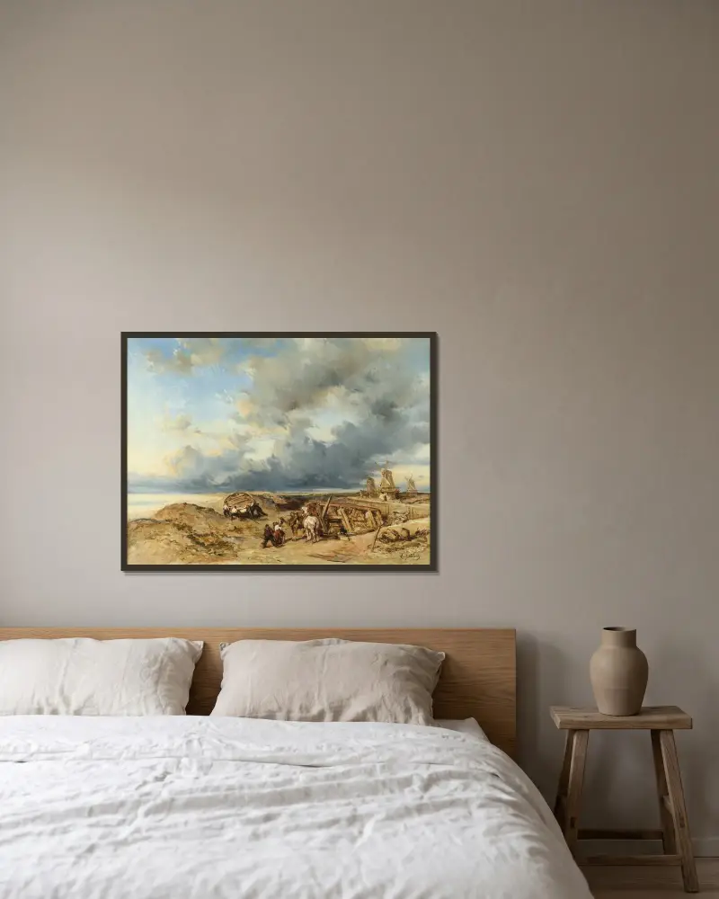 Hästspann vid havet, Holland av Eugène Isabey inramad på en vägg
