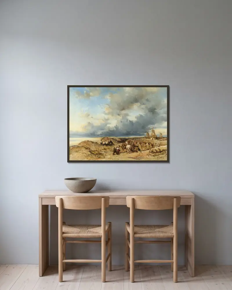Hästspann vid havet, Holland av Eugène Isabey inramad på en vägg