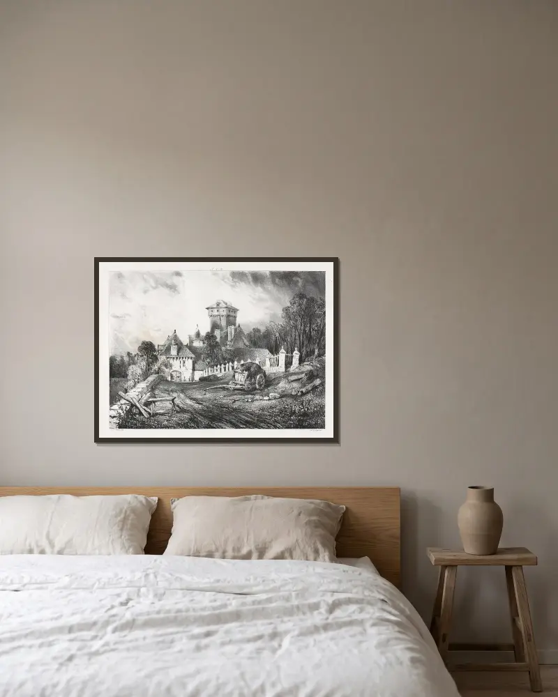 Château de Pesteil à Polminhac av Eugène Isabey inramad på en vägg