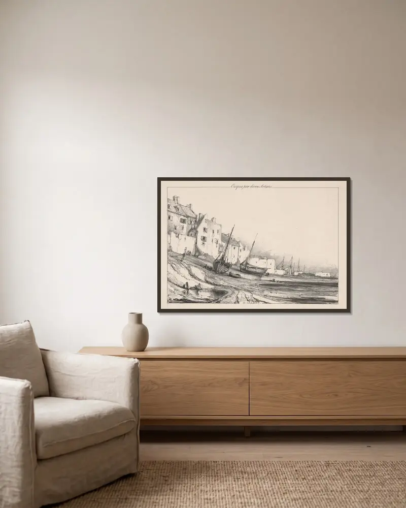 Küstenlandschaft von Eugène Isabey gerahmt an einer Wand