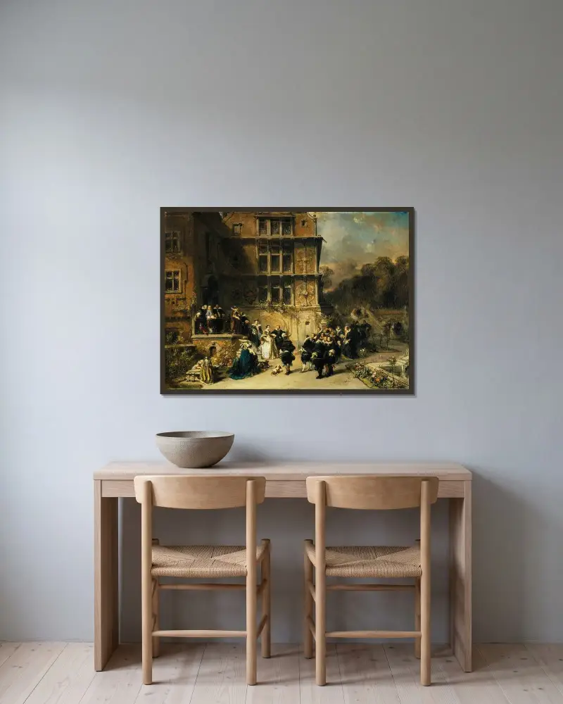 Hovmottagning på ett slott av Eugène Isabey inramad på en vägg
