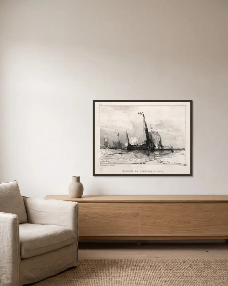 Fishing Boats at Anchor av Eugène Isabey inramad på en vägg