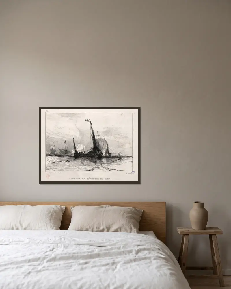 Fishing Boats at Anchor av Eugène Isabey inramad på en vägg