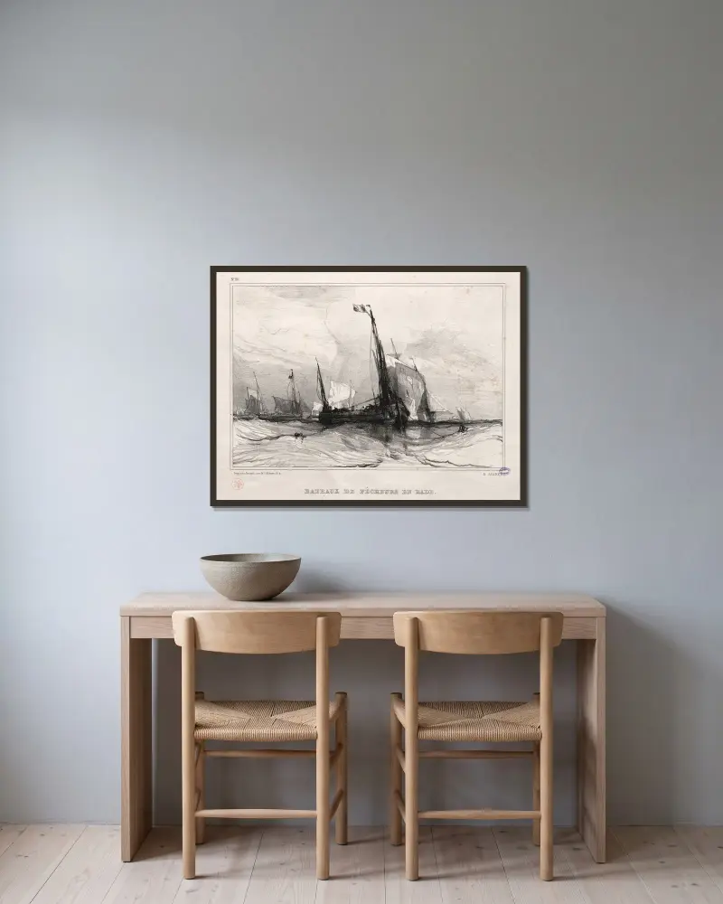 Fishing Boats at Anchor av Eugène Isabey inramad på en vägg