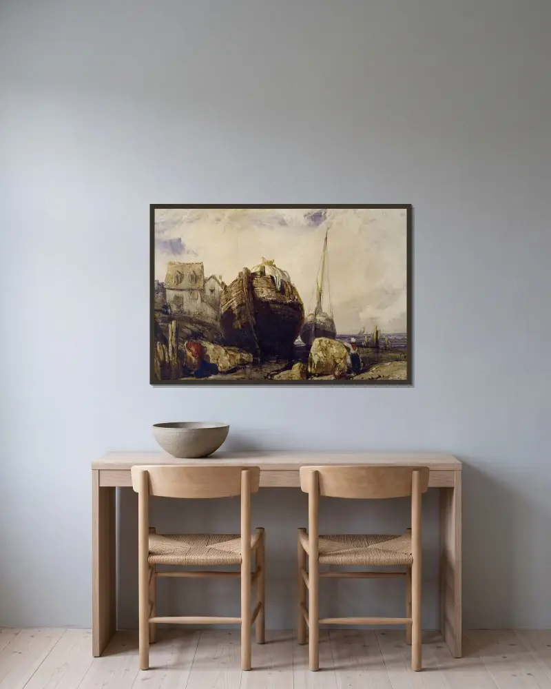 Fiskebåtar av Eugène Isabey inramad på en vägg