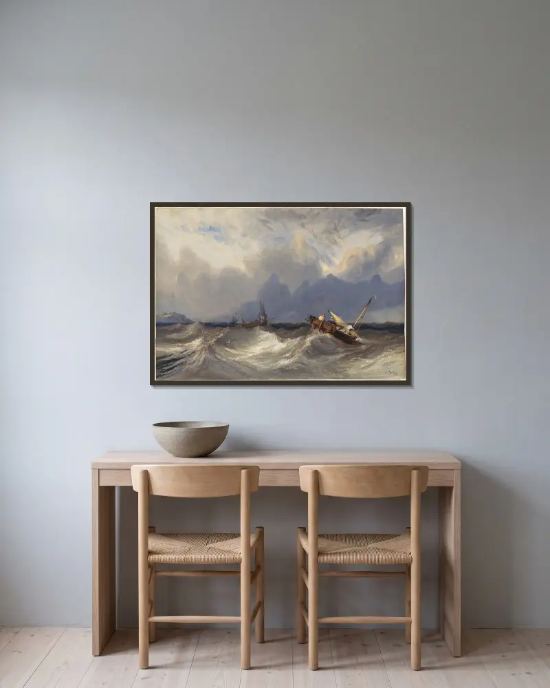 Fiskebåtar i storm av Eugène Isabey inramad på en vägg